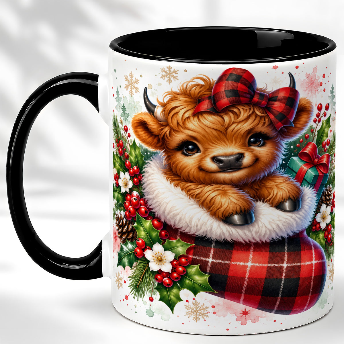 #pl[11oz|Black] Christmas Highland Cow Coffee Mug, Plaid Bow Calf Mug, Ceramic Cup