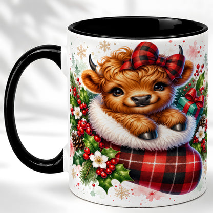 #pl[11oz|Black] Christmas Highland Cow Coffee Mug, Plaid Bow Calf Mug, Ceramic Cup