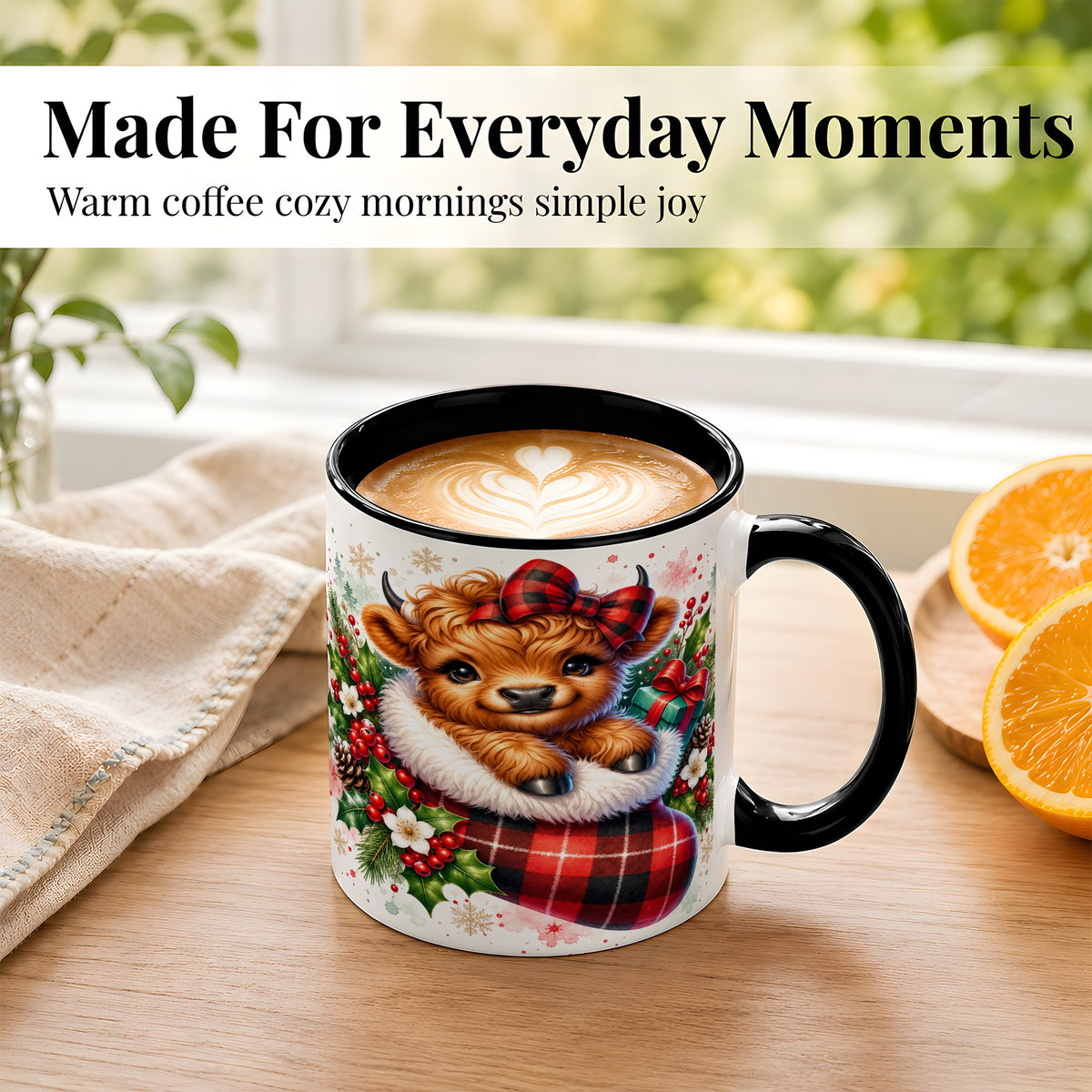 #pl[11oz|Black] Christmas Highland Cow Coffee Mug, Plaid Bow Calf Mug, Ceramic Cup