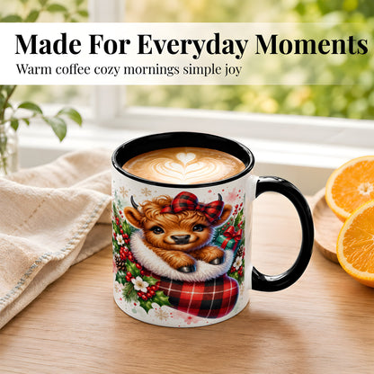 #pl[11oz|Black] Christmas Highland Cow Coffee Mug, Plaid Bow Calf Mug, Ceramic Cup