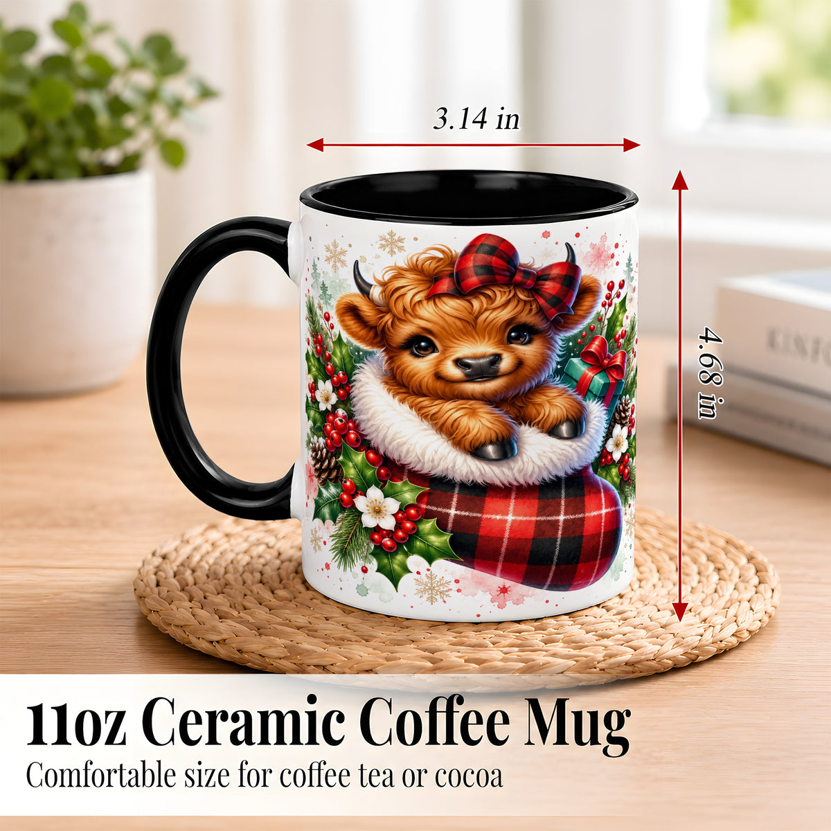 #pl[11oz|Black] Christmas Highland Cow Coffee Mug, Plaid Bow Calf Mug, Ceramic Cup