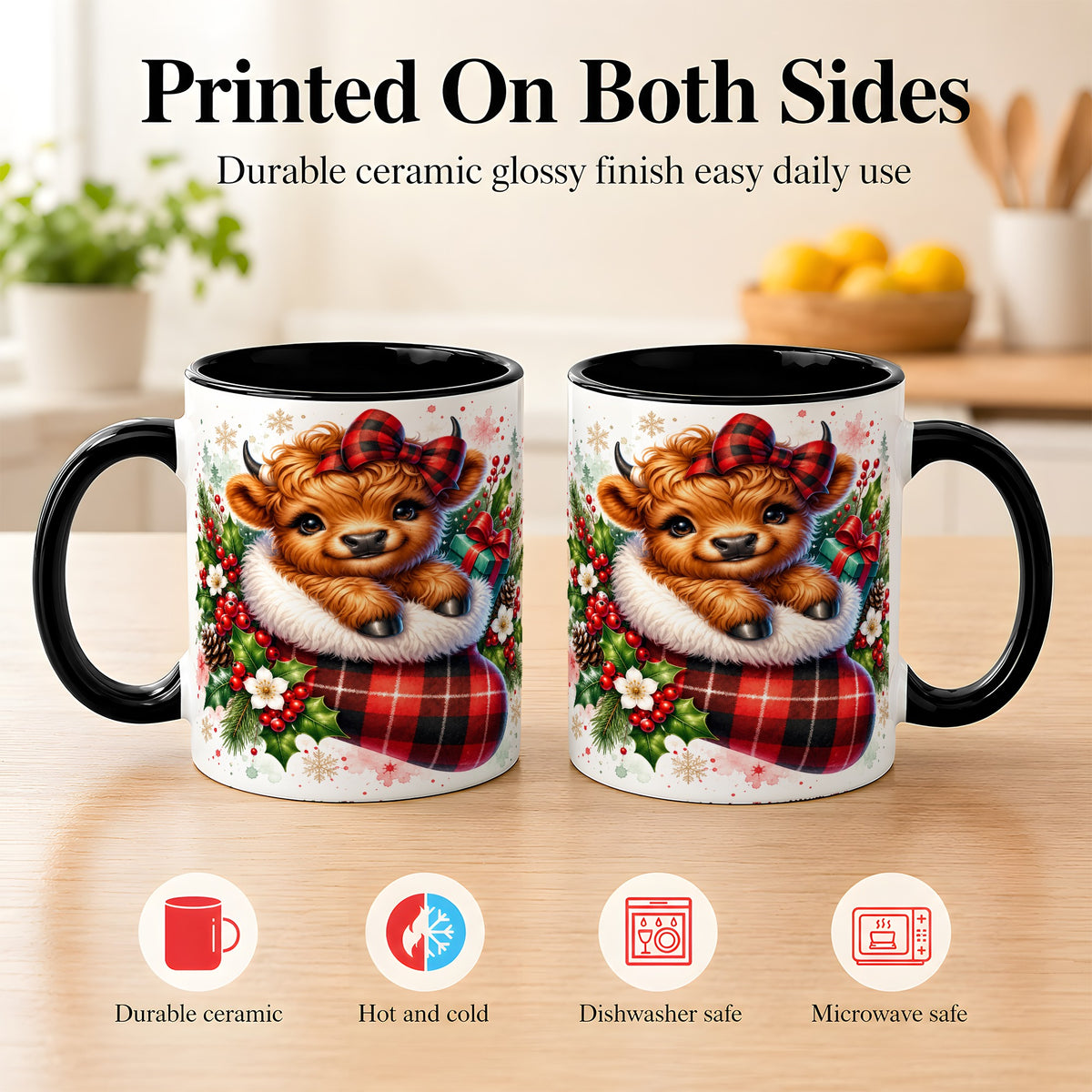 #pl[11oz|Black] Christmas Highland Cow Coffee Mug, Plaid Bow Calf Mug, Ceramic Cup