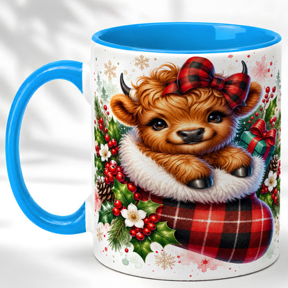 #pl[11oz|Blue] Christmas Highland Cow Coffee Mug, Plaid Bow Calf Mug, Ceramic Cup