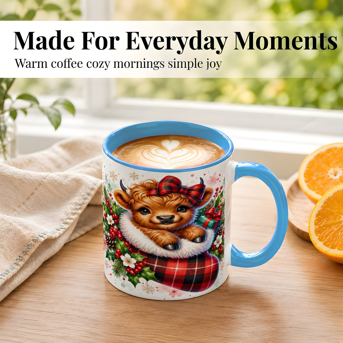 #pl[11oz|Blue] Christmas Highland Cow Coffee Mug, Plaid Bow Calf Mug, Ceramic Cup