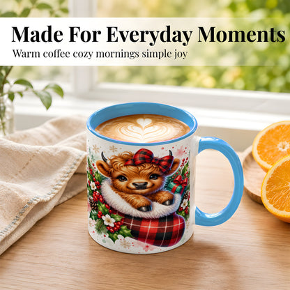 #pl[11oz|Blue] Christmas Highland Cow Coffee Mug, Plaid Bow Calf Mug, Ceramic Cup