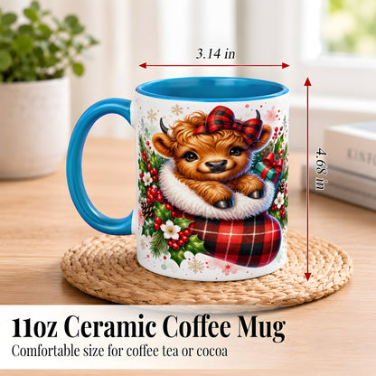 #pl[11oz|Blue] Christmas Highland Cow Coffee Mug, Plaid Bow Calf Mug, Ceramic Cup