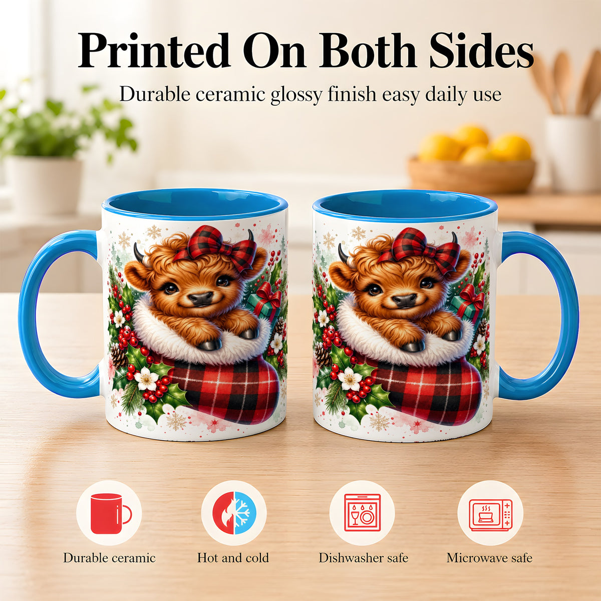 #pl[11oz|Blue] Christmas Highland Cow Coffee Mug, Plaid Bow Calf Mug, Ceramic Cup