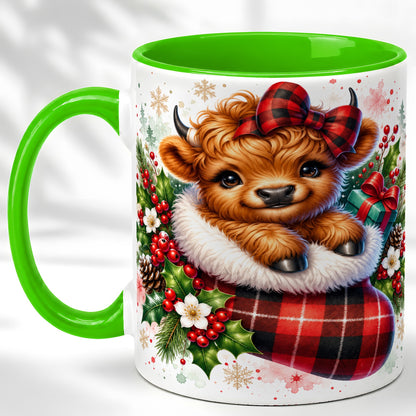 #pl[11oz|Green] Christmas Highland Cow Coffee Mug, Plaid Bow Calf Mug, Ceramic Cup