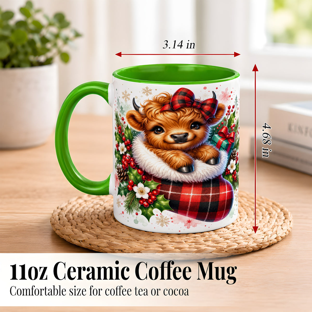 #pl[11oz|Green] Christmas Highland Cow Coffee Mug, Plaid Bow Calf Mug, Ceramic Cup