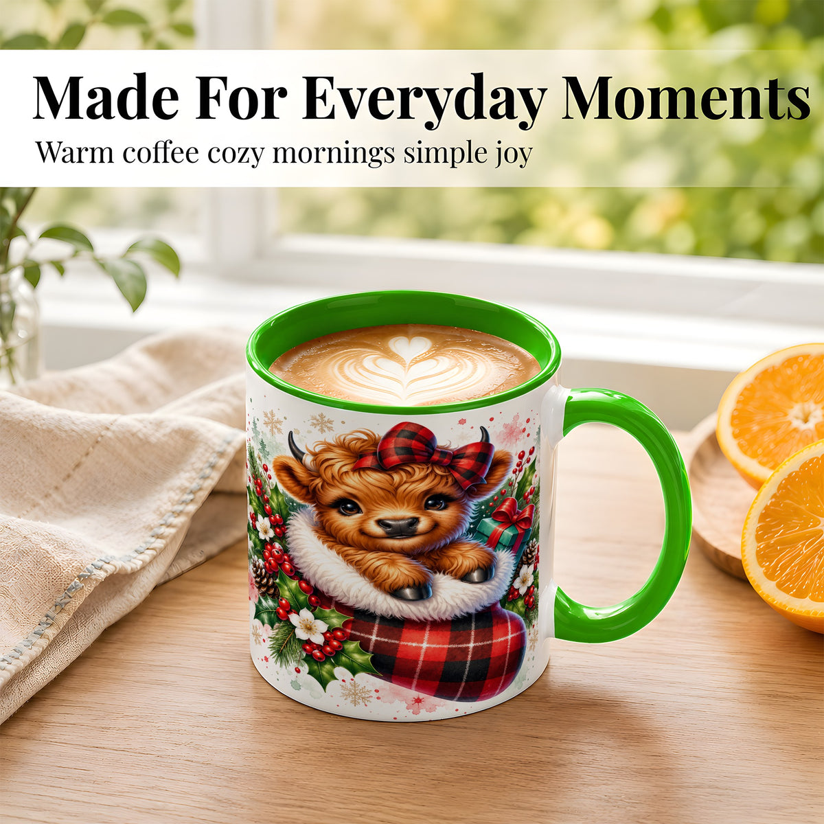 #pl[11oz|Green] Christmas Highland Cow Coffee Mug, Plaid Bow Calf Mug, Ceramic Cup