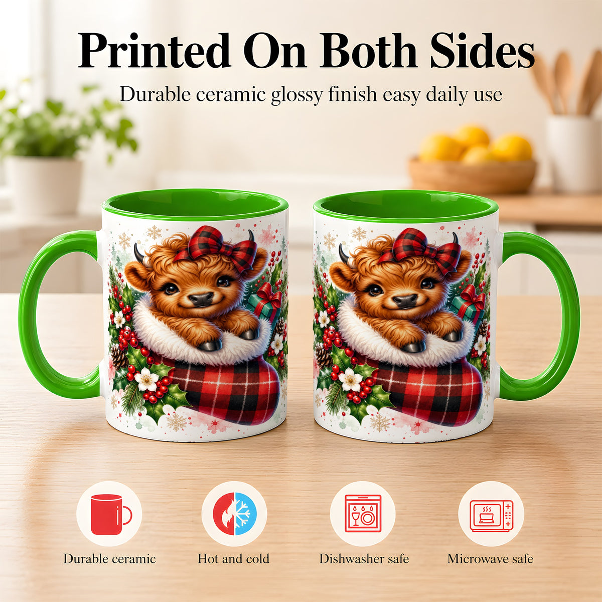 #pl[11oz|Green] Christmas Highland Cow Coffee Mug, Plaid Bow Calf Mug, Ceramic Cup