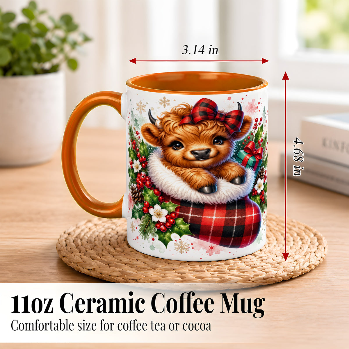 #pl[11oz|Orange] Christmas Highland Cow Coffee Mug, Plaid Bow Calf Mug, Ceramic Cup