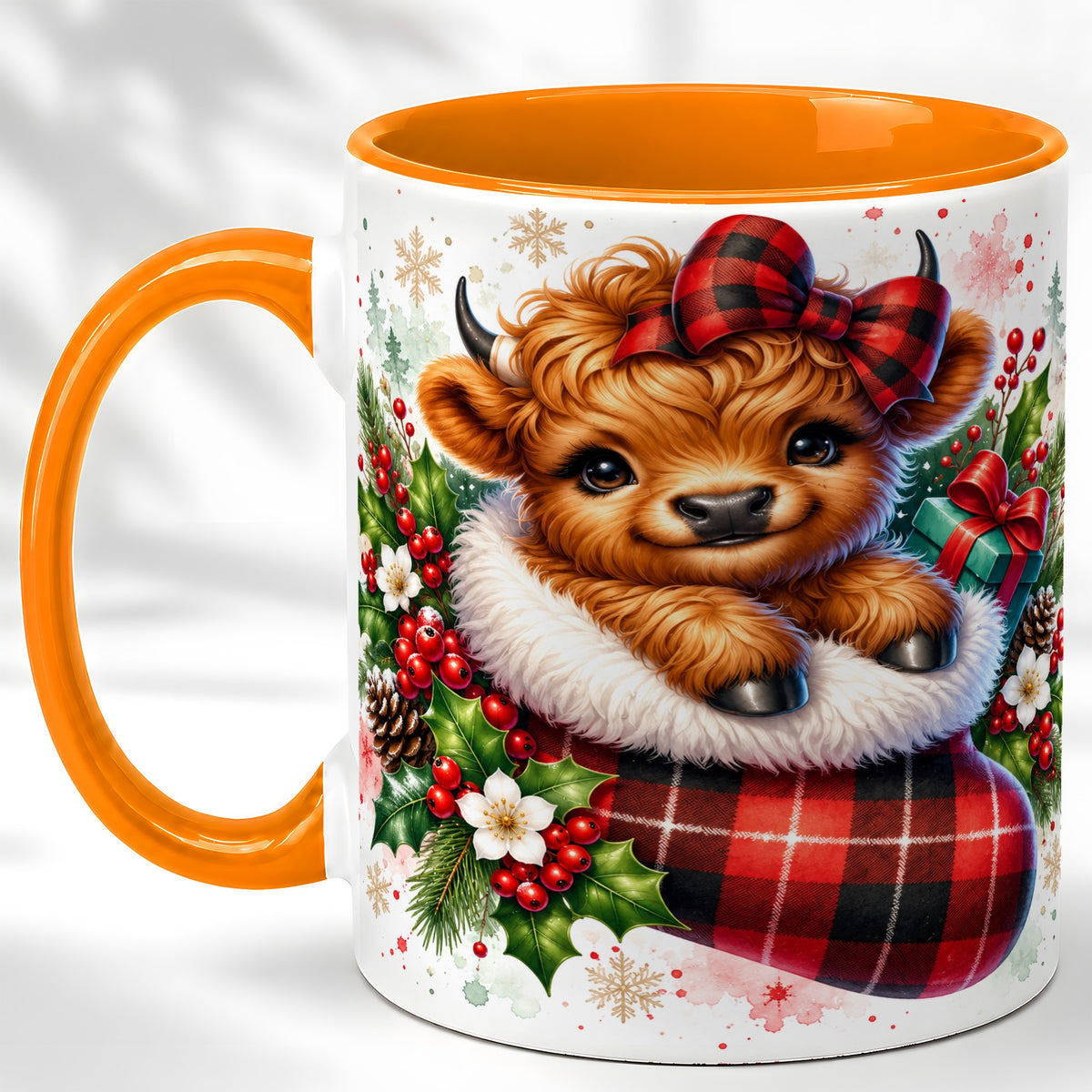 #pl[11oz|Orange] Christmas Highland Cow Coffee Mug, Plaid Bow Calf Mug, Ceramic Cup