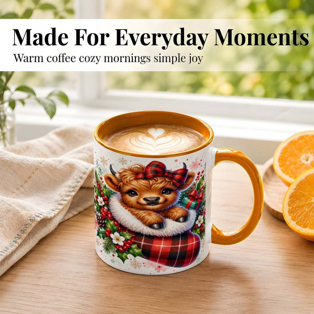 #pl[11oz|Orange] Christmas Highland Cow Coffee Mug, Plaid Bow Calf Mug, Ceramic Cup