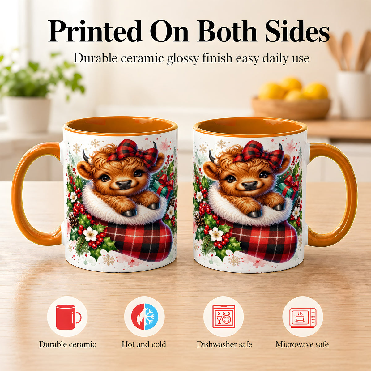 #pl[11oz|Orange] Christmas Highland Cow Coffee Mug, Plaid Bow Calf Mug, Ceramic Cup
