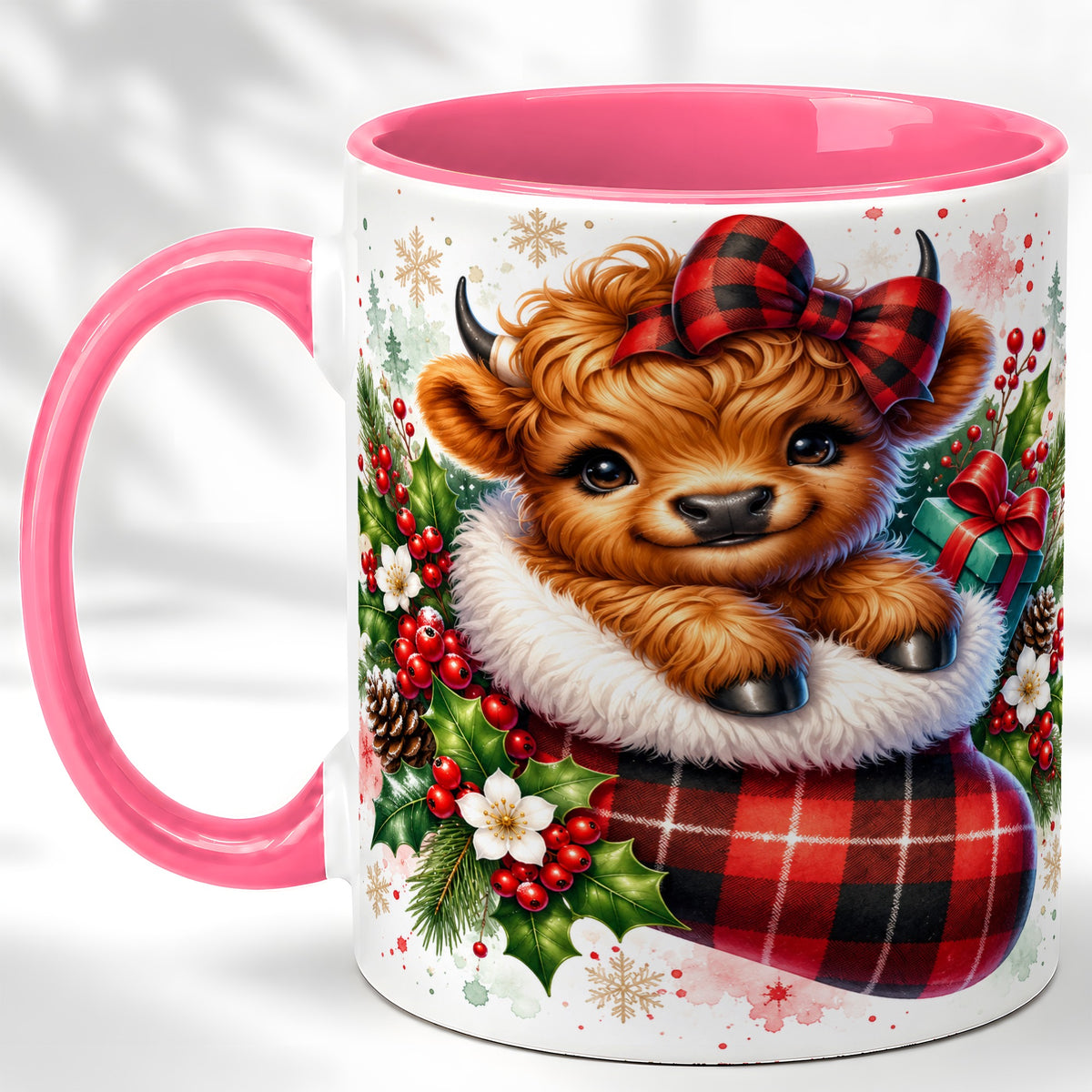 #pl[11oz|Pink] Christmas Highland Cow Coffee Mug, Plaid Bow Calf Mug, Ceramic Cup