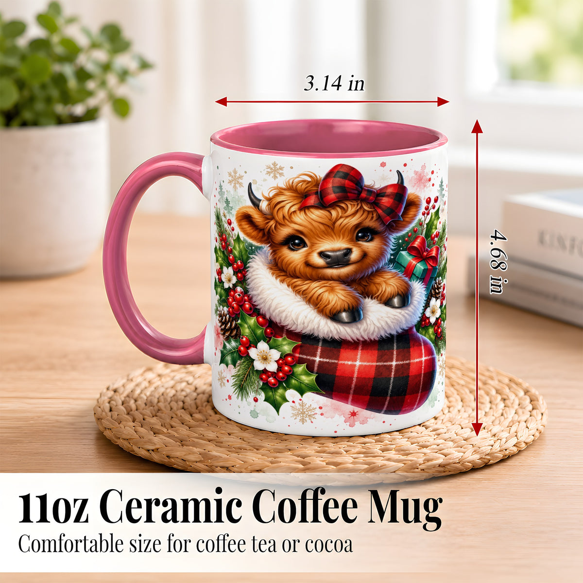 #pl[11oz|Pink] Christmas Highland Cow Coffee Mug, Plaid Bow Calf Mug, Ceramic Cup