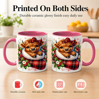 #pl[11oz|Pink] Christmas Highland Cow Coffee Mug, Plaid Bow Calf Mug, Ceramic Cup