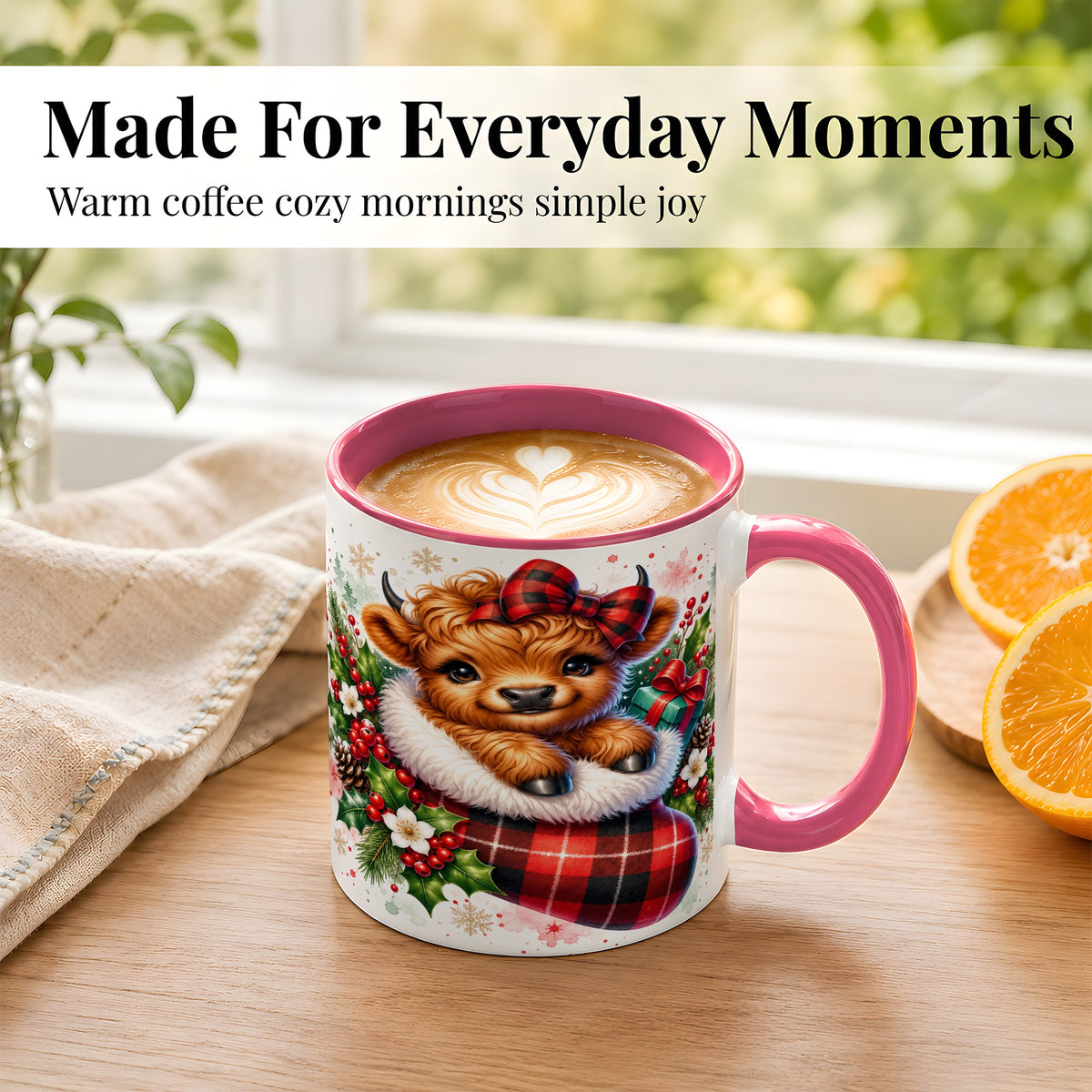 #pl[11oz|Pink] Christmas Highland Cow Coffee Mug, Plaid Bow Calf Mug, Ceramic Cup