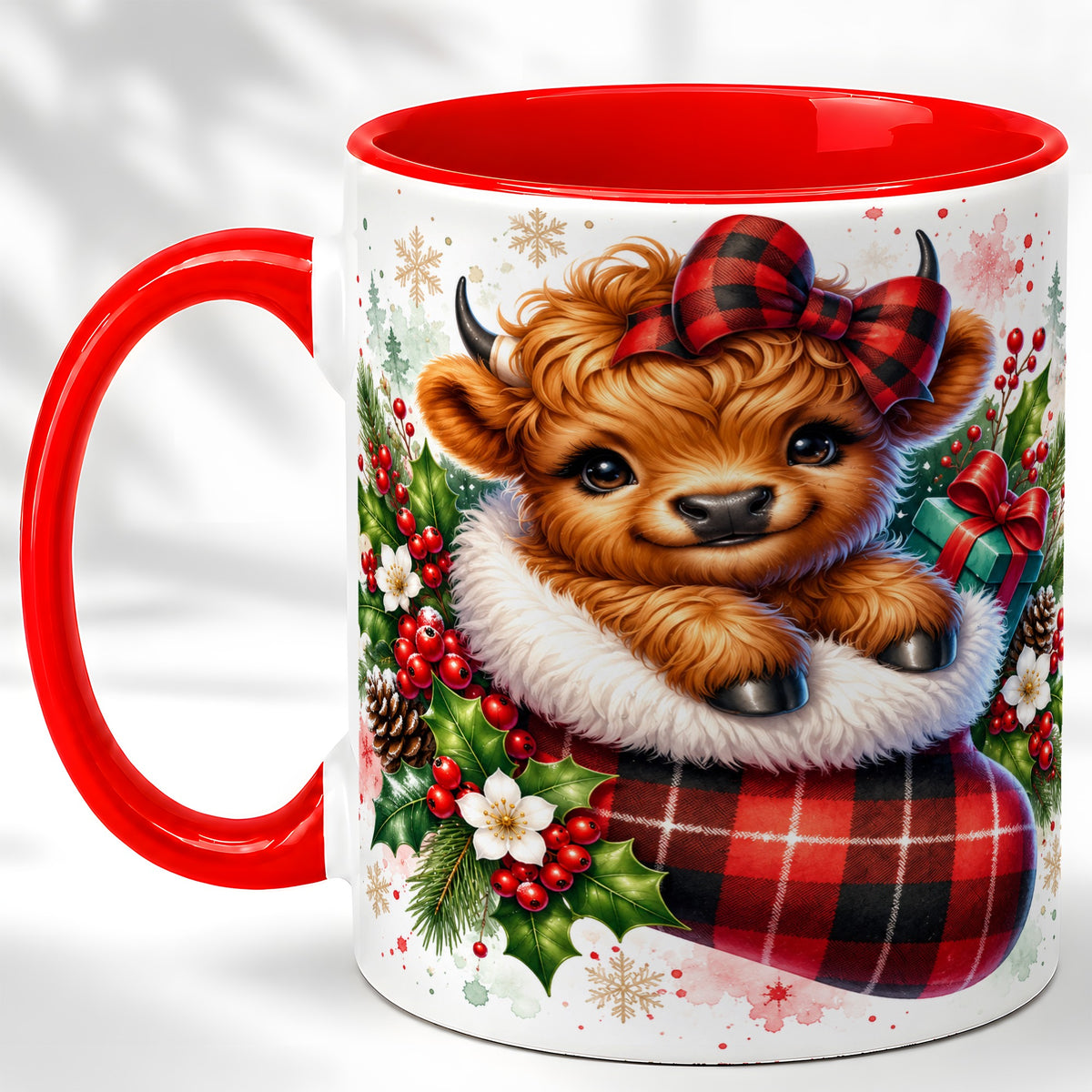 #pl[11oz|Red] Christmas Highland Cow Coffee Mug, Plaid Bow Calf Mug, Ceramic Cup