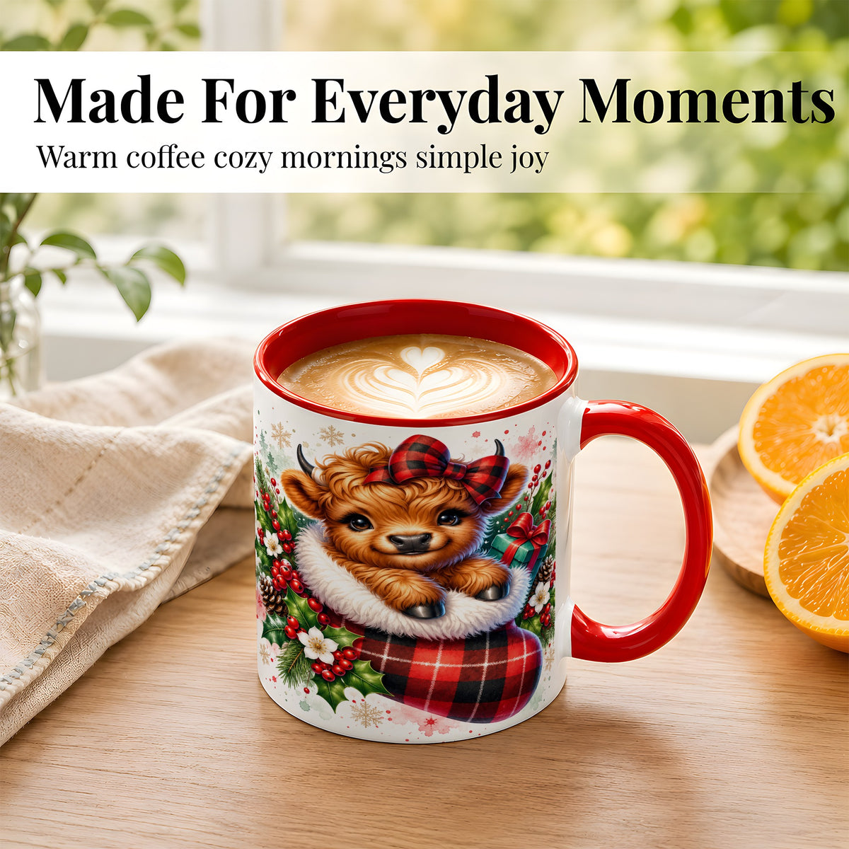 #pl[11oz|Red] Christmas Highland Cow Coffee Mug, Plaid Bow Calf Mug, Ceramic Cup