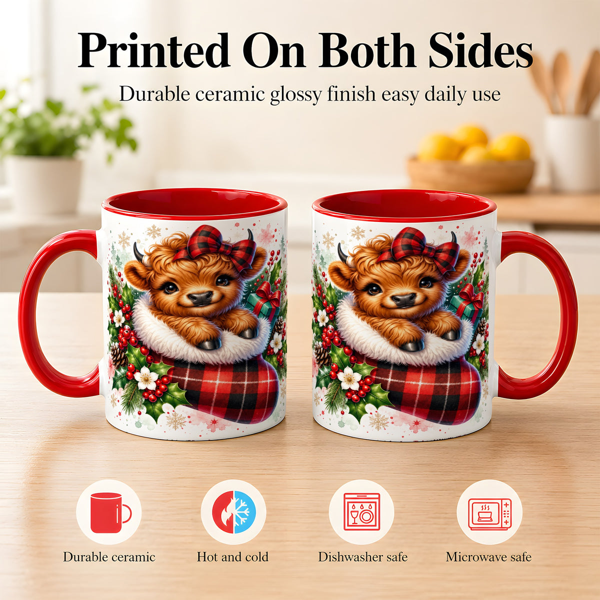 #pl[11oz|Red] Christmas Highland Cow Coffee Mug, Plaid Bow Calf Mug, Ceramic Cup