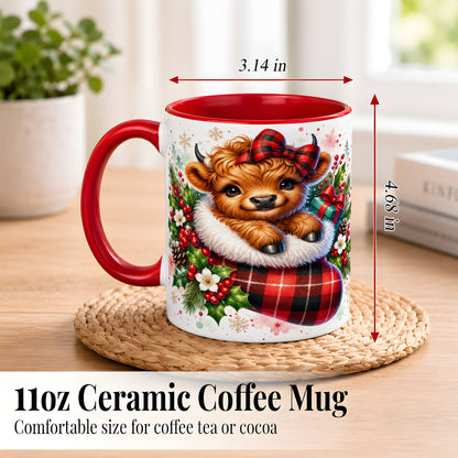 #pl[11oz|Red] Christmas Highland Cow Coffee Mug, Plaid Bow Calf Mug, Ceramic Cup