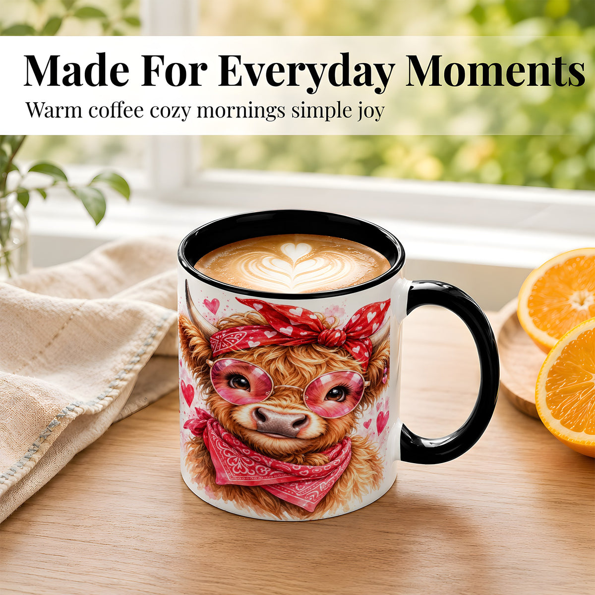 #pl[11oz|Black] Valentine Highland Cow Coffee Mug, Heart Cow Mug, Ceramic Cup
