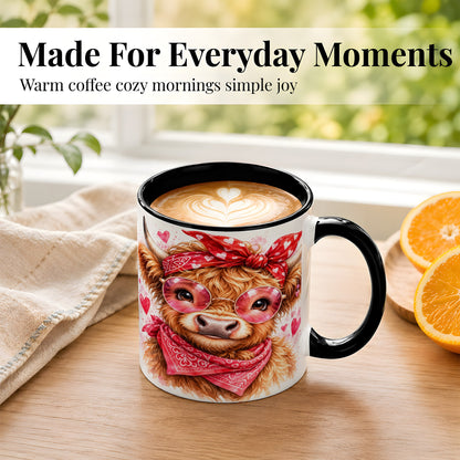 #pl[11oz|Black] Valentine Highland Cow Coffee Mug, Heart Cow Mug, Ceramic Cup