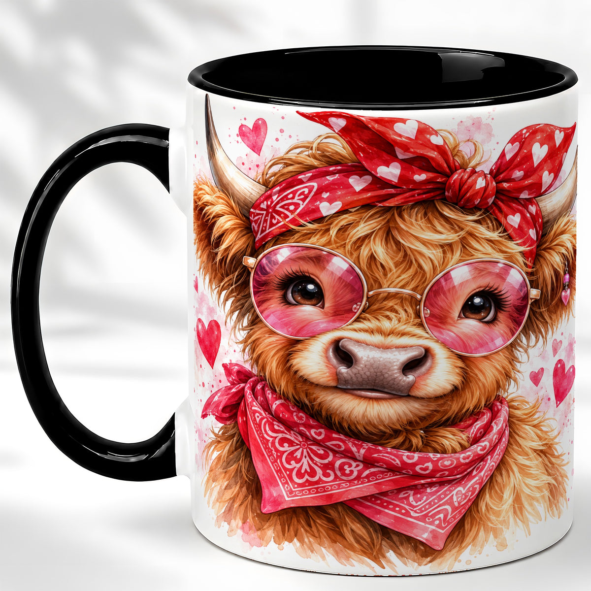 #pl[11oz|Black] Valentine Highland Cow Coffee Mug, Heart Cow Mug, Ceramic Cup