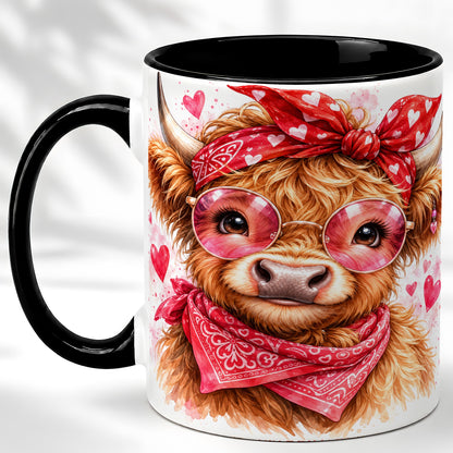 #pl[11oz|Black] Valentine Highland Cow Coffee Mug, Heart Cow Mug, Ceramic Cup