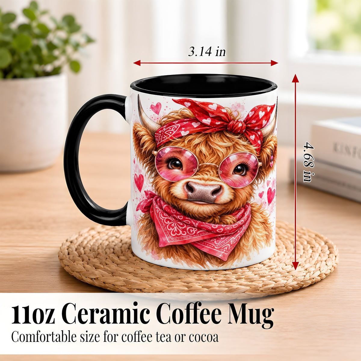 #pl[11oz|Black] Valentine Highland Cow Coffee Mug, Heart Cow Mug, Ceramic Cup