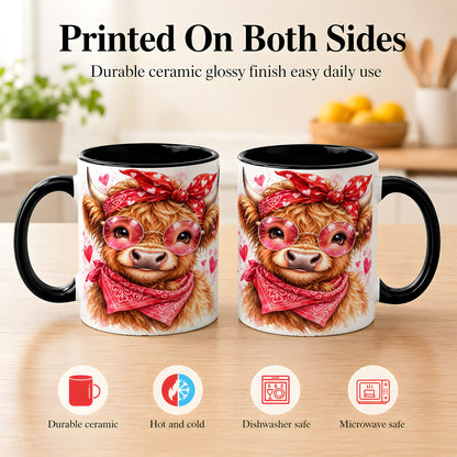 #pl[11oz|Black] Valentine Highland Cow Coffee Mug, Heart Cow Mug, Ceramic Cup