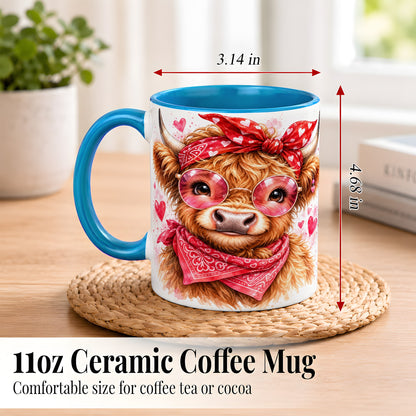 #pl[11oz|Blue] Valentine Highland Cow Coffee Mug, Heart Cow Mug, Ceramic Cup