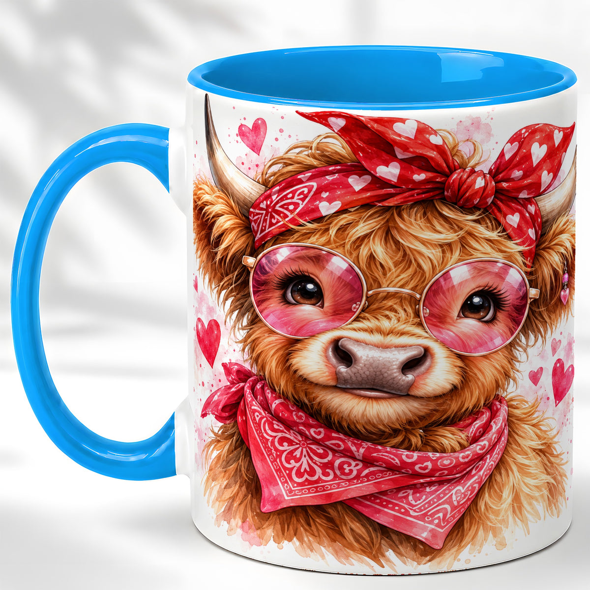 #pl[11oz|Blue] Valentine Highland Cow Coffee Mug, Heart Cow Mug, Ceramic Cup