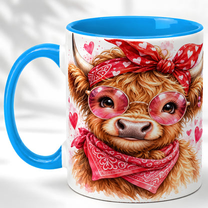 #pl[11oz|Blue] Valentine Highland Cow Coffee Mug, Heart Cow Mug, Ceramic Cup