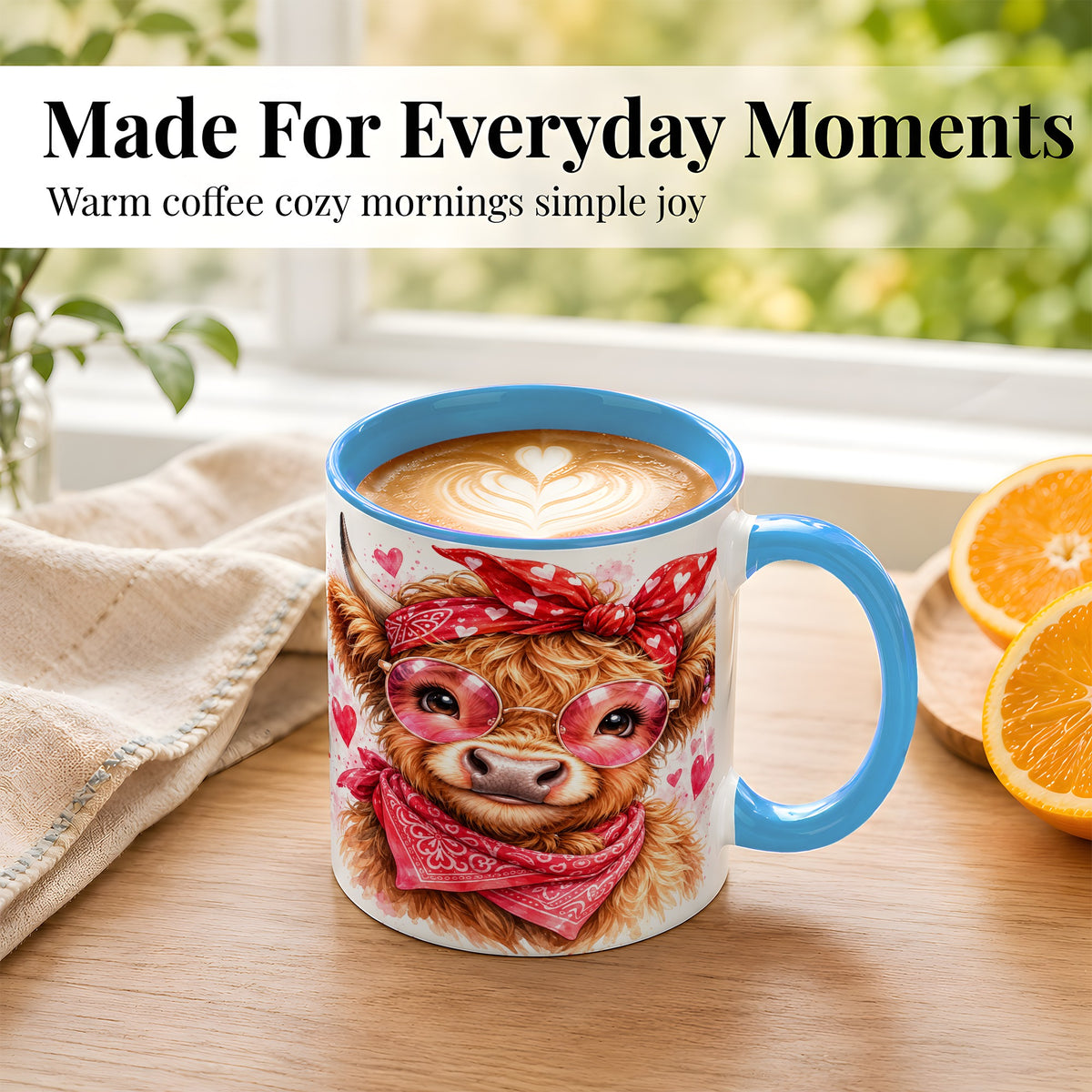 #pl[11oz|Blue] Valentine Highland Cow Coffee Mug, Heart Cow Mug, Ceramic Cup