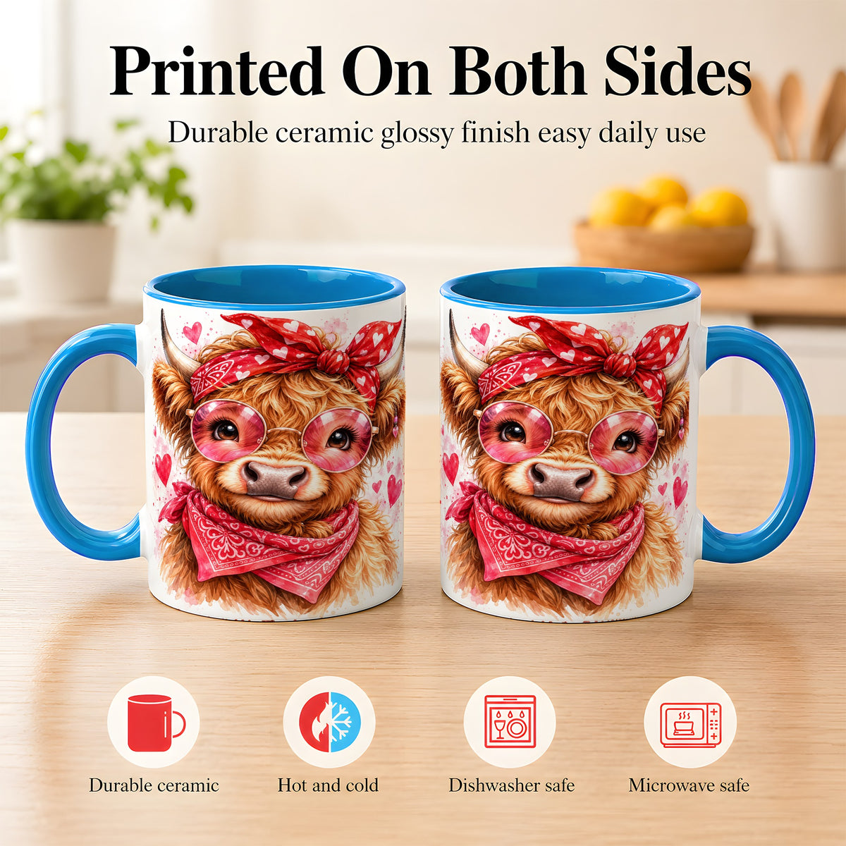 #pl[11oz|Blue] Valentine Highland Cow Coffee Mug, Heart Cow Mug, Ceramic Cup