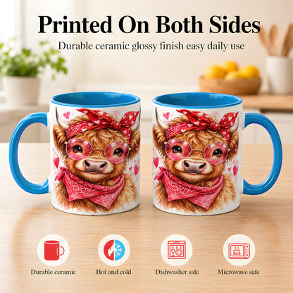 #pl[11oz|Blue] Valentine Highland Cow Coffee Mug, Heart Cow Mug, Ceramic Cup