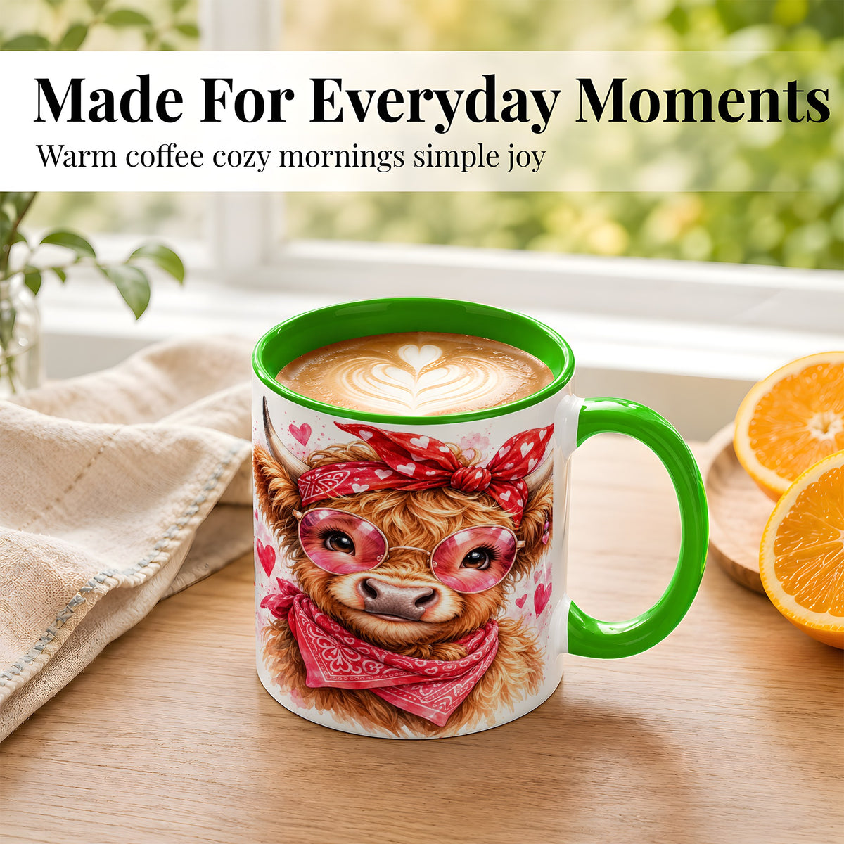 #pl[11oz|Green] Valentine Highland Cow Coffee Mug, Heart Cow Mug, Ceramic Cup