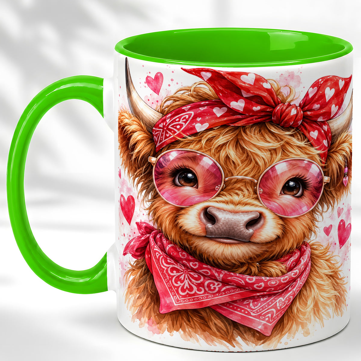 #pl[11oz|Green] Valentine Highland Cow Coffee Mug, Heart Cow Mug, Ceramic Cup