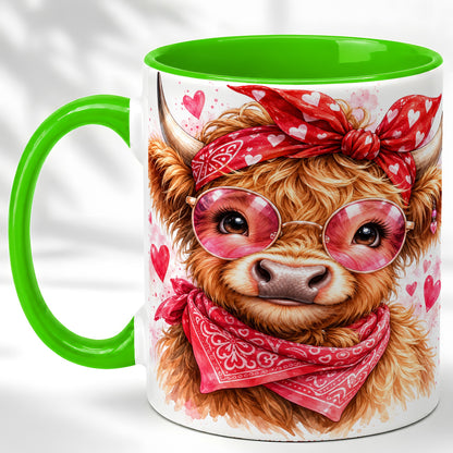 #pl[11oz|Green] Valentine Highland Cow Coffee Mug, Heart Cow Mug, Ceramic Cup