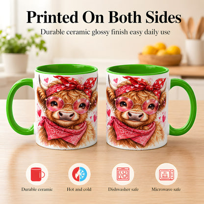 #pl[11oz|Green] Valentine Highland Cow Coffee Mug, Heart Cow Mug, Ceramic Cup