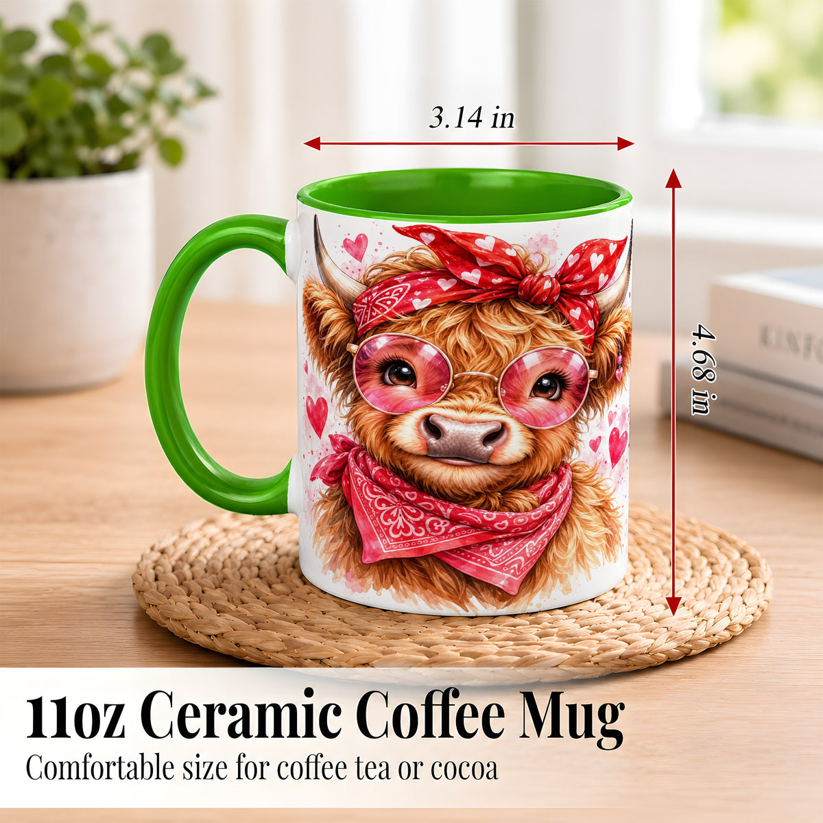 #pl[11oz|Green] Valentine Highland Cow Coffee Mug, Heart Cow Mug, Ceramic Cup