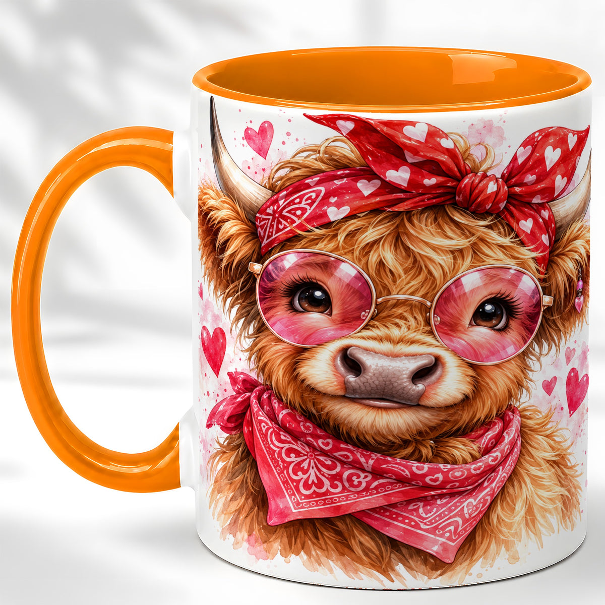 #pl[11oz|Orange] Valentine Highland Cow Coffee Mug, Heart Cow Mug, Ceramic Cup