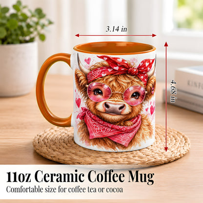 #pl[11oz|Orange] Valentine Highland Cow Coffee Mug, Heart Cow Mug, Ceramic Cup