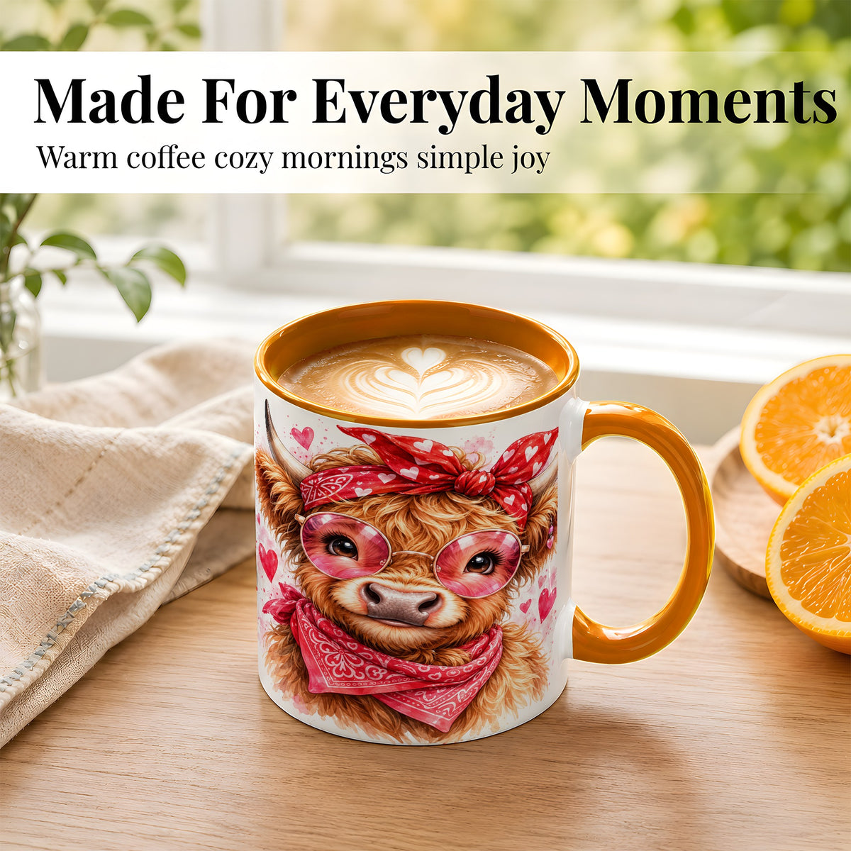 #pl[11oz|Orange] Valentine Highland Cow Coffee Mug, Heart Cow Mug, Ceramic Cup