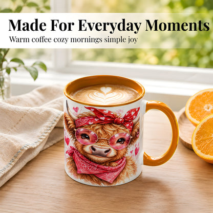#pl[11oz|Orange] Valentine Highland Cow Coffee Mug, Heart Cow Mug, Ceramic Cup