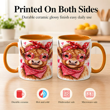 #pl[11oz|Orange] Valentine Highland Cow Coffee Mug, Heart Cow Mug, Ceramic Cup
