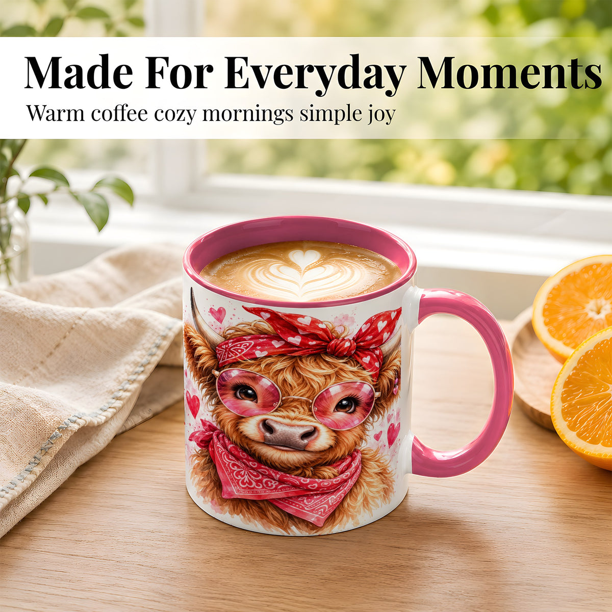 #pl[11oz|Pink] Valentine Highland Cow Coffee Mug, Heart Cow Mug, Ceramic Cup